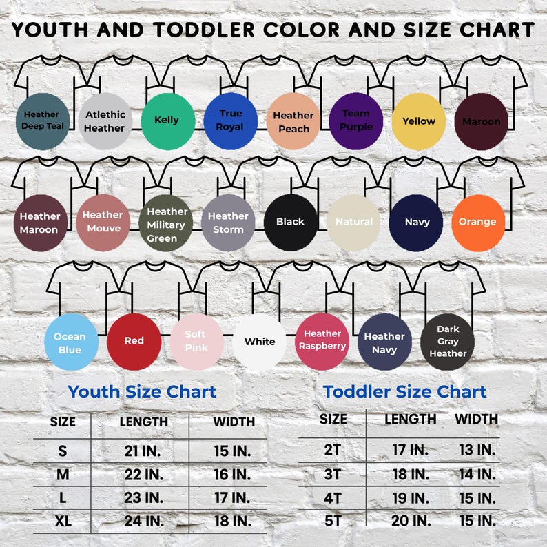 Puede incluir: Una tabla de colores y tallas para camisetas juveniles y para ni&ntilde;os peque&ntilde;os. La tabla muestra varios colores de camisetas, incluyendo Heather Deep Teal, Kelly y True Royal. Tambi&eacute;n se incluyen tablas de tallas para j&oacute;venes y ni&ntilde;os peque&ntilde;os.