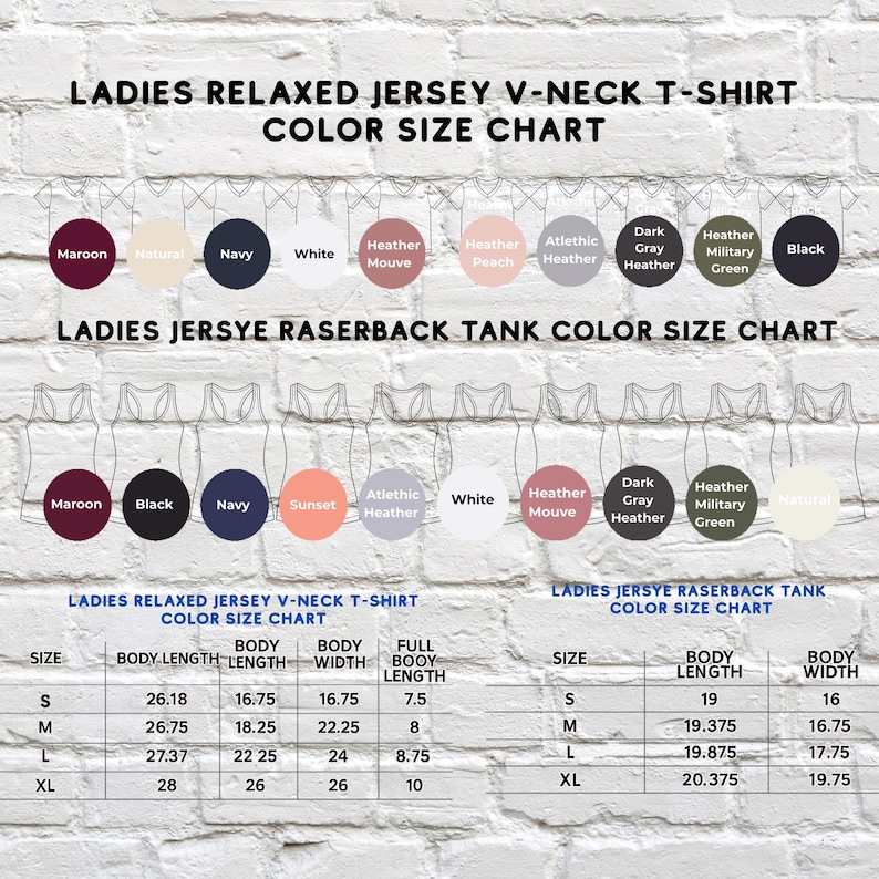 Puede incluir: Una tabla de colores y tallas para camisetas de cuello en V de punto de jersey relajado y camisetas sin mangas con espalda nadadora para mujer. La tabla incluye muestras de color y medidas en cm para la longitud del cuerpo, el ancho y la longitud total del cuerpo.