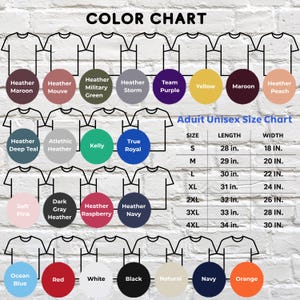 Puede incluir: Una carta de colores para camisetas con varios colores como heather maroon, amarillo y marino. Tambi&eacute;n se incluye una tabla de tallas unisex para adultos, que muestra medidas en pulgadas para las tallas S a 4XL.