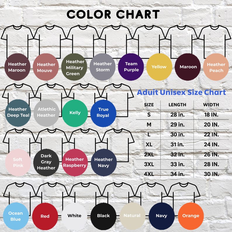 Puede incluir: Una carta de colores para camisetas con varios colores como heather maroon, amarillo y marino. Tambi&eacute;n se incluye una tabla de tallas unisex para adultos, que muestra medidas en pulgadas para las tallas S a 4XL.