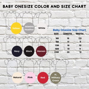 Puede incluir: Una tabla de colores y tallas para bodies de beb&eacute;. La tabla muestra varios colores de body, incluyendo amarillo, azul marino y rojo, con tallas que van desde reci&eacute;n nacido hasta 24 meses. Las medidas se dan en pulgadas para largo y ancho.
