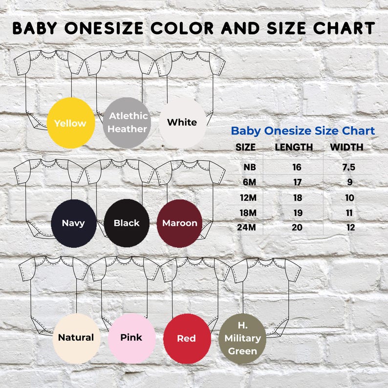 Puede incluir: Una tabla de colores y tallas para bodies de beb&eacute;. La tabla muestra varios colores de body, incluyendo amarillo, azul marino y rojo, con tallas que van desde reci&eacute;n nacido hasta 24 meses. Las medidas se dan en pulgadas para largo y ancho.