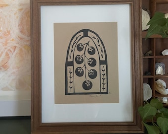 Bear Fruit, Linocut Block Print, Hand-Printed Original, Tomato Art Print, Beige or White paper