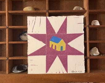 Patchwork Home Quilt Art, Little House Art, Handmade Block print, Linocut