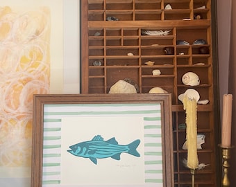 Striped Bass Fish, Linocut Print, Hand-Printed Original