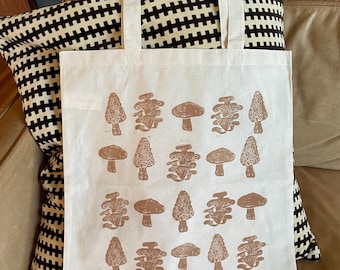 Mushroom Tote Bag, Original, Hand-Pressed, Linocut Block Print