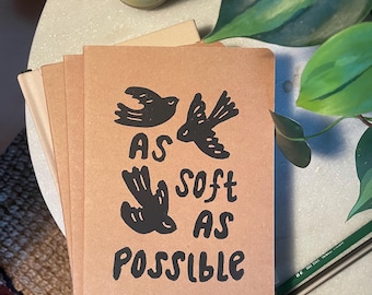 Handmade Bird Art Journal: Blockprinted Linocut, ASAP Series, As Soft As Possible