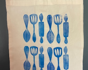 Kitchen Utensil Tote Bag, Original, Hand-Pressed, Linocut Block Print