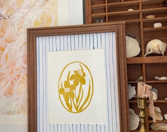 Daffodil Print, Spring Flower, Linocut Print