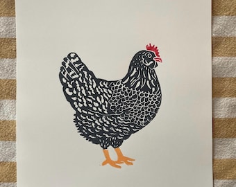 Chicken Linocut Block Print, Handmade, Farmhouse, Cottagecore, Pretty Hen