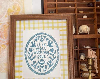It Is Well With My Soul, Linocut Print, Hand-Printed Original, Christian Hymn Art