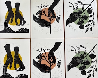Serie El Jardinero: Cosecha, Grabado original en linóleo, Siembra, Poda, Cosecha, Jardinería