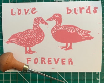 Love Birds Forever, Handmade Block Print Card, 5x7, Love Card, Valentine’s Card, Duck Art, Linocut