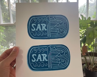 Sardines Original Linocut Block Print