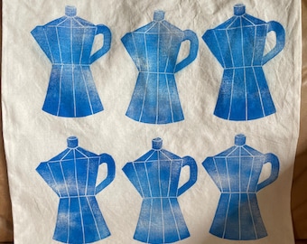 Moka Pot Coffee Maker Tote Bag, Original, Hand-Pressed, Linocut Block Print
