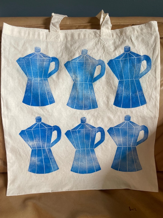 Moka Pot Coffee Maker Tote Bag, Original, Hand-Pressed, Linocut Block Print