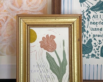 Tulip Flower Print, Bend Toward the Light, Spring, Handmade Block print, Linocut