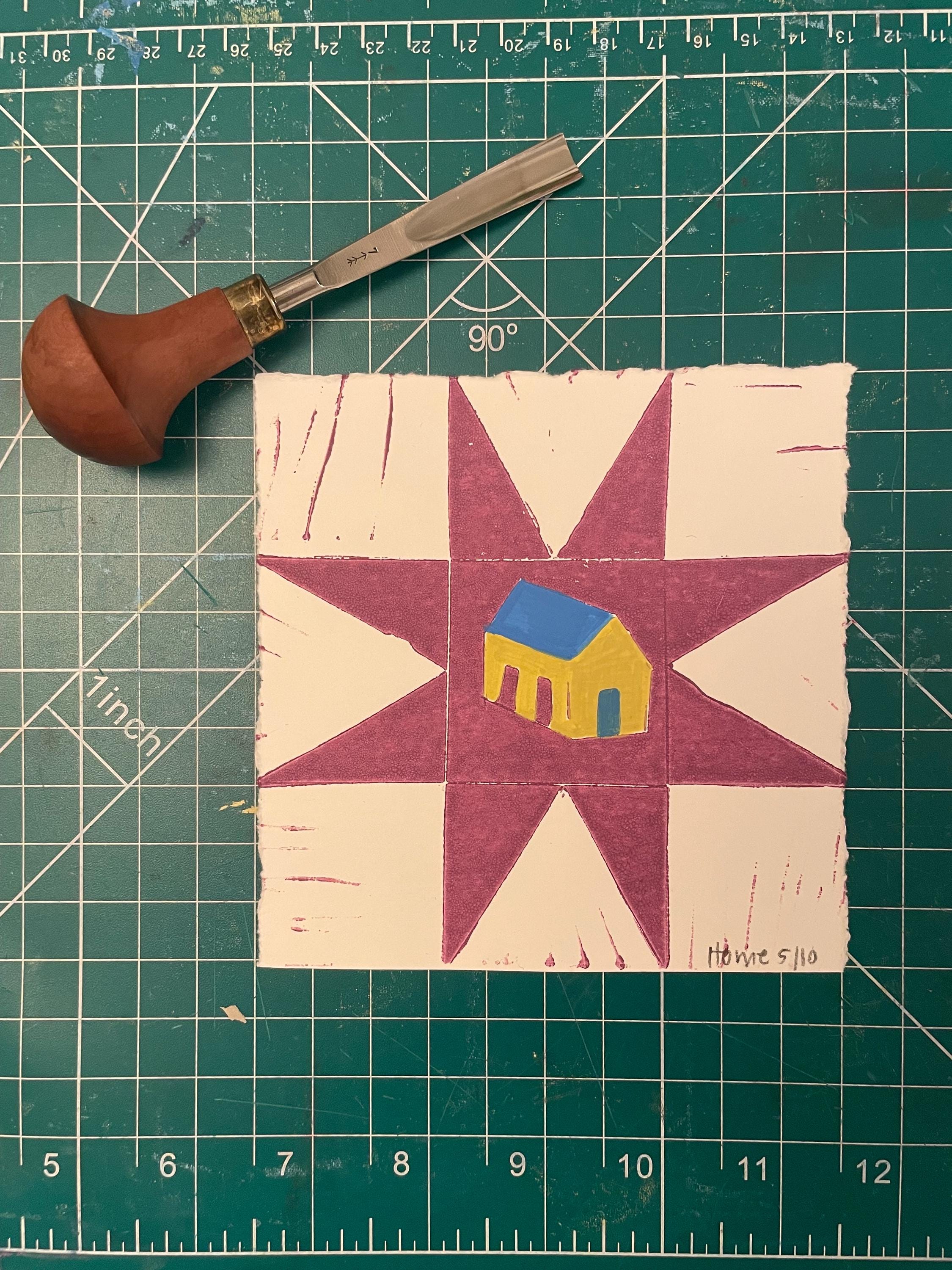 Patchwork Linocut Patchwork Home Quilt Art, Little House Art, Handmade Block Print ...