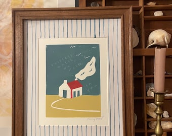 Coming Home, Little House, Augustine, Original Linocut Block Print