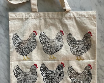 Chicken Tote Bag, Original, Hand-Pressed, Linocut Block Print, Farmhouse, Cottagecore