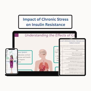 May include: A digital display of a presentation titled "Impact of Chronic Stress on Insulin Resistance." The presentation is displayed on a laptop, tablet, and smartphone. The smartphone displays a woman in a purple dress.