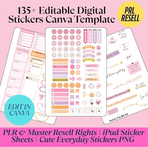 Puede incluir: Plantilla de pegatinas digitales con más de 135 diseños editables. Las pegatinas son de color rosa, morado y melocotón. Incluye pegatinas de planificador, diario y lista de tareas. El texto de la imagen dice "Edit in Canva".