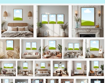 May include: An image showcasing 100 editable Canva mockups. The mockups feature framed art prints with a landscape design, displayed in various interior settings, including bedrooms and living rooms. The text "100 Editable Canva Mockups" is at the top.