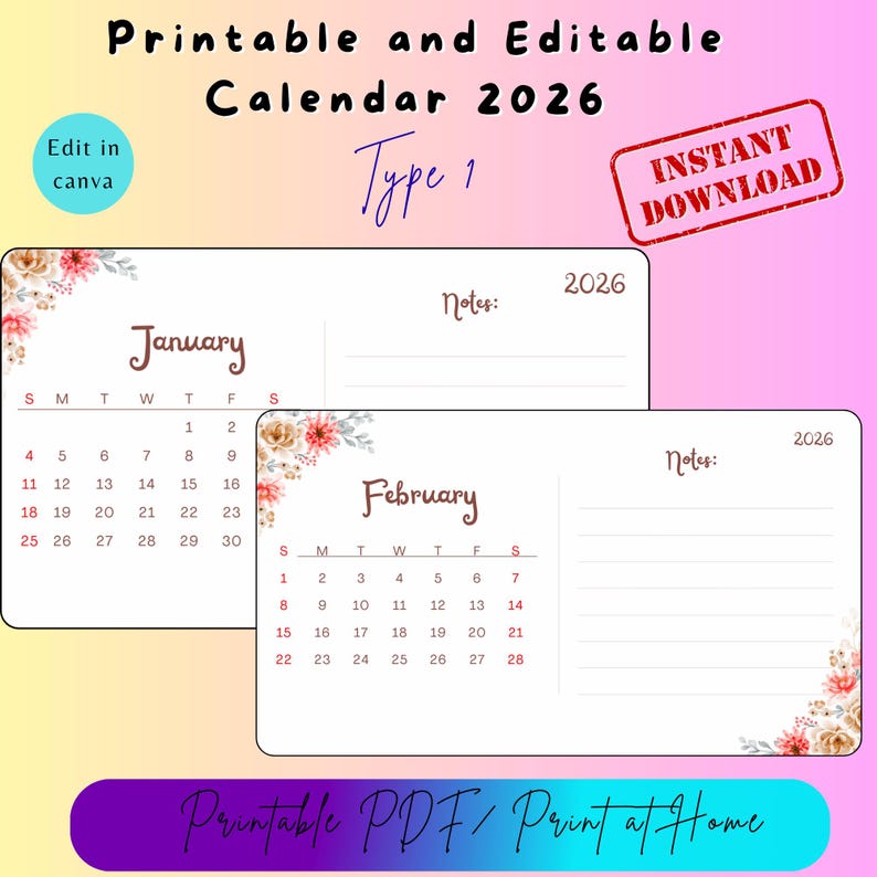 Digital 2026 Calendar Bundle | Printable & Editable Canva Template ...