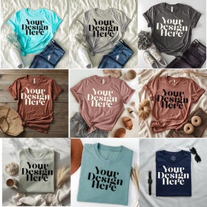 May include: A collection of t-shirts in various colors, including teal, gray, charcoal, rust, mauve, and sage green. Each shirt displays the text "Your Design Here" in a bold, white font. The shirts are styled with jeans, shoes, and accessories.
