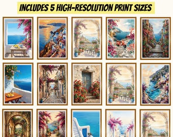 Mediterranean Coastal Wall Art Set, 15 Printable Art Prints, European Village Decor, Seaside Watercolor Gallery Wall, Digital Download