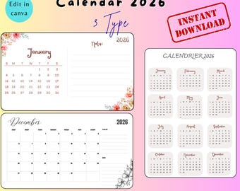 Digital 2026 Calendar Bundle | Printable & Editable Canva Template | Minimalist A4 and size 1920* 1080 Px Wall Planner | PLR MRR, download