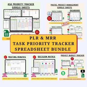 Può includere: Un pacchetto digitale di fogli di calcolo Google Sheets ed Excel intitolato PLR & MRR TASK PRIORITY TRACKER SPREADSHEET BUNDLE. L'immagine mostra vari modelli di gestione progetti, tra cui una dashboard, un pianificatore mensile, verbali di riunione, una matrice decisionale e un tracker di budget.