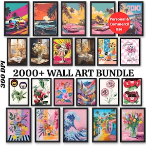 Könnte beinhalten: Eine Sammlung gerahmter Wandkunstdrucke mit verschiedenen Themen. Die Drucke zeigen farbenfrohe Autos, tropische Szenen, Blumenarrangements und abstrakte Designs. Der Text auf dem Bild lautet "2000+ WALL ART BUNDLE" und "Personal & Commercial Use".