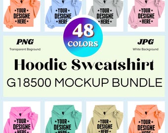 G18500 Hoodie Mockup Bundle, 48 Color Hoodie Mockups, Transparent PNG & JPG, Blank Hoodie Mockup, POD Etsy Apparel