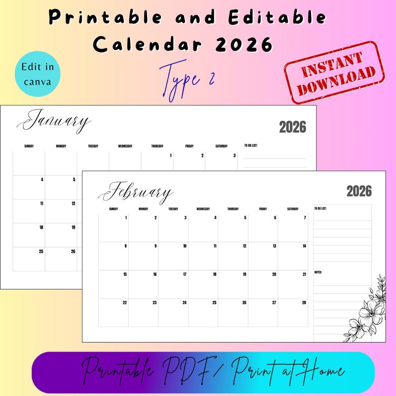 Digital 2026 Calendar Bundle | Printable & Editable Canva Template ...
