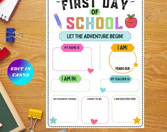 First Day of School Printable, Editable Canva Template, Kids School Memory Keepsake, Kindergarten Worksheet, Back to School Activity