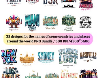 35 World Cities & Countries Typography Bundle | Bold Oversized Travel Word Art | High-Resolution PNG Digital Download