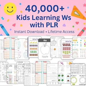 Può includere: Una raccolta di fogli di lavoro stampabili per l'apprendimento dei bambini con il testo "40,000+ Kids Learning Ws with PLR". I fogli di lavoro riguardano vari argomenti, tra cui lettere, numeri e sottrazioni. L'immagine ha uno sfondo rosa con illustrazioni colorate.