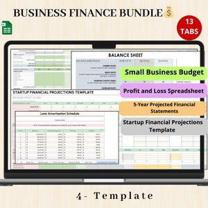 May include: A laptop screen displays a business finance bundle with the text "BUSINESS FINANCE BUNDLE" and "13 TABS". The screen shows templates for a balance sheet, small business budget, profit and loss spreadsheet, and financial statements.