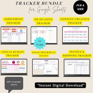 May include: A digital tracker bundle for Google Sheets, featuring six different trackers: assignment, to-do list, content creation, annual budget, sales with invoice, and invoice & shipping. Includes the text "Instant Digital Download".