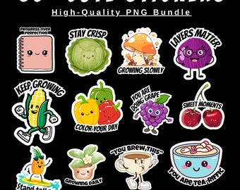 63 Cute Fruit & Vegetable Stickers, Kawaii PNG Bundle, Printable Planner Stickers, Cricut Silhouett Designs, Transparent PNG, Commercial Use