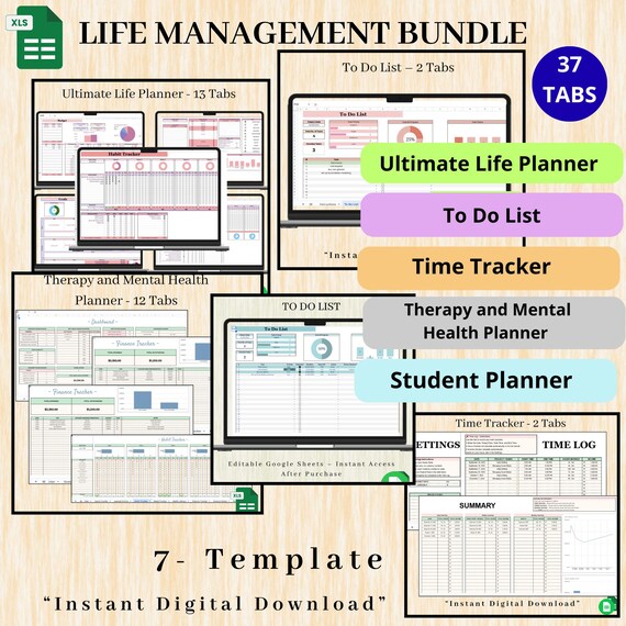 Ultimate Life Management Planner Bundle | Productivity, Mental Health & Student Planners | To Do List, Time Tracker, Google Sheets Templates