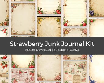 Strawberry Junk Journal Kit, Vintage Ephemera & Printable Stickers, Digital Journal Pages, Scrapbook Papers, PLR MRR Rights