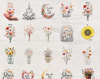 Wildflower PNG Bundle, 80+ Floral Line Art Illustrations, Boho Botanical Clipart, Vintage Flowers, Transparent Background, PLR/MRR