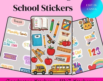 300+ School Stickers Bundle, Back to School Printable Stickers, Teacher Student Planner Stickers, Canva Template, PLR MRR