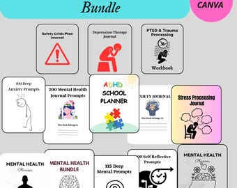 Mental Health Journal & Planner Bundle | ADHD, Anxiety Depression Workbooks | Therapy Prompts | PLR Resell Rights PDF