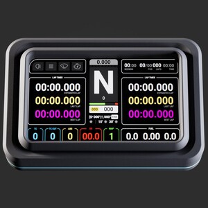Könnte beinhalten: Ein rechteckiges digitales Rennsport-Dashboard mit dunkelgrauem Rahmen. Der Bildschirm zeigt in der Mitte eine Ganganzeige mit N, flankiert von Rundenzeitdaten in weißer, gelber und magentafarbener Schrift sowie unteren Telemetrie-Anzeigen.