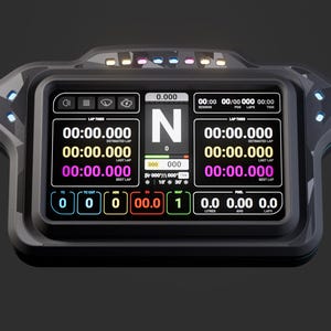 May include: A black digital racing dashboard display featuring a central gear indicator showing N, surrounded by multiple data fields for lap times, fuel levels, and session information. The unit includes integrated LED indicator lights.