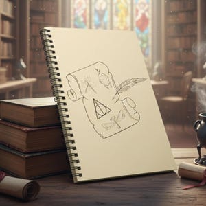 Op de afbeelding: Een spiraalgebonden notitieboek met een schets van een rol, veer en symbolen ligt op een houten tafel. Een stapel boeken, een kristallen bol en een ketel met groene vloeistof staan er ook. De achtergrond toont een bibliotheek met boekenkasten en een glas-in-loodraam.