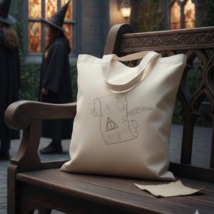 May include: A cream-colored tote bag with a black line drawing of a scroll, quill, and a triangle symbol. The bag sits on a wooden bench with a torn piece of paper. People in black robes and pointed hats are in the background.